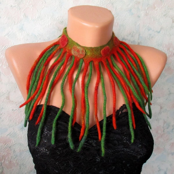 Felted Eco Fashion Collar Woodland Statement Bib Necklace with fringes  Wearable Art Wool Jewelry OOAK Red Green