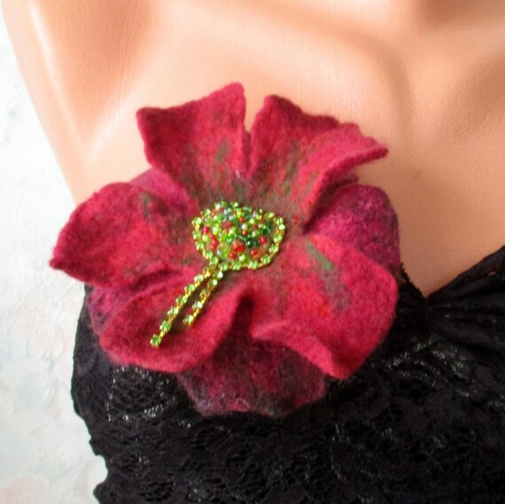 Red Felted Wool Flower with Beaded Center Brooch Pin