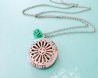 Crystal Aromatherapy Locket Necklace: Stainless Steel Diffuser with Teal Rose