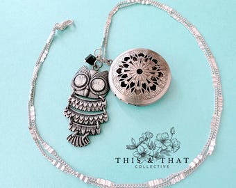 Silver Owl Locket Necklace: Aromatherapy Essential Oil Diffuser, Swarovski Crystal