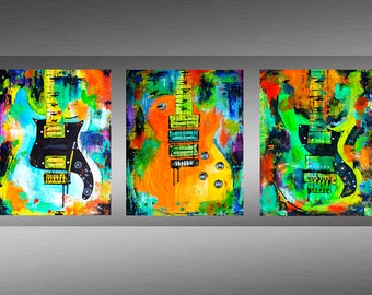 Free shipping prints set of 3 abstract electric guitars, paul reed smith guitars, abstract painting