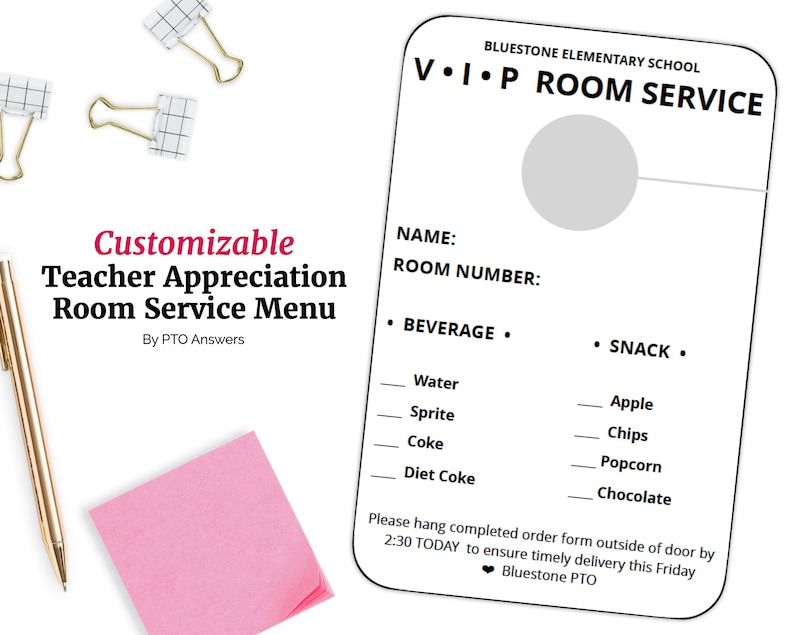 Room Service Order Form Teacher Appreciation Fillable Template Etsy