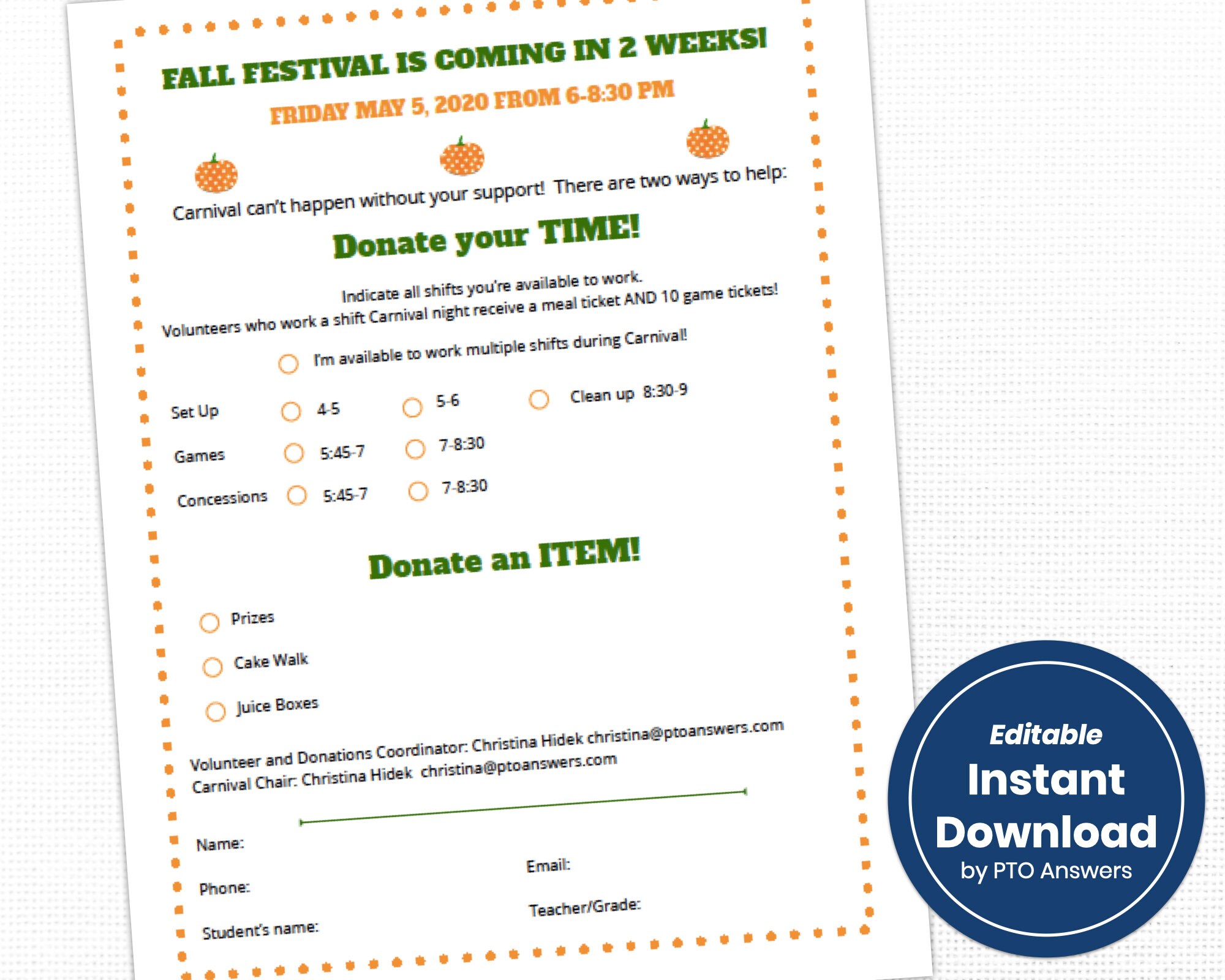 Necesitamos voluntarios y donaciones para el festival de otoño / We need  volunteers and donations for the fall festival!