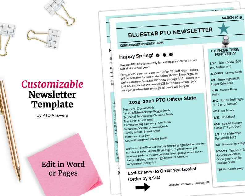 PTA / PTO Newsletter Template : Fully Editable and | Etsy