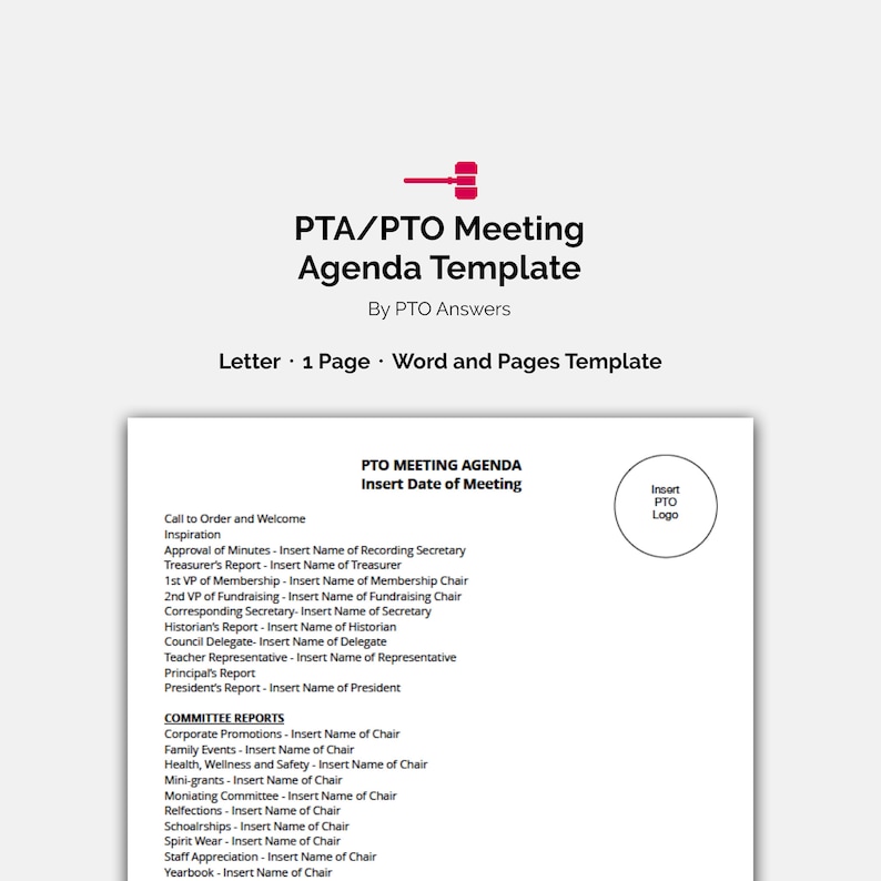 Pta Pto Meeting Agenda Template Voll Editierbarer Instant Download
