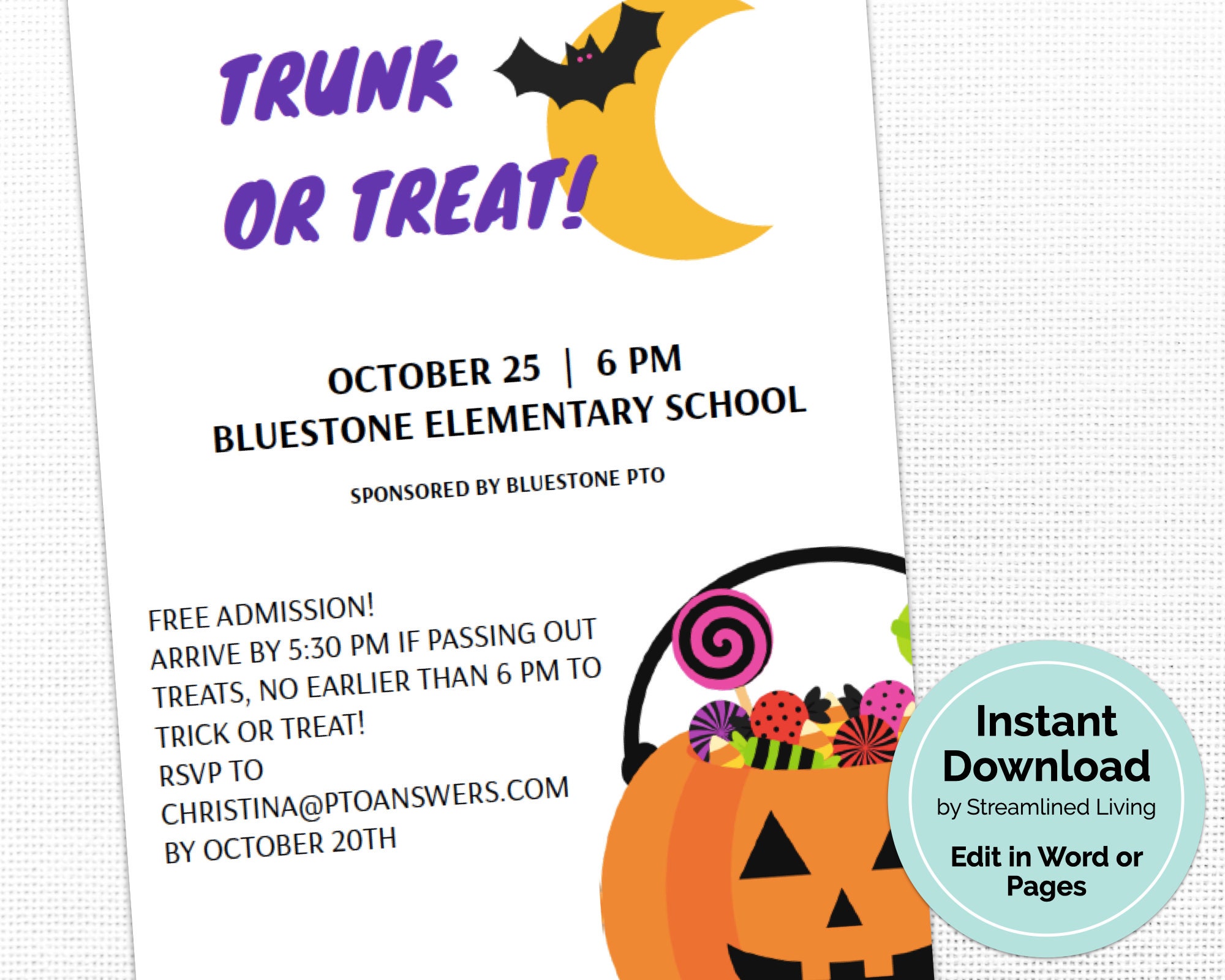 Trunk or Treat Flyer Template for PTA PTO : Halloween party event poster  for trick or treat and school community event For Trunk Or Treat Flyer Template