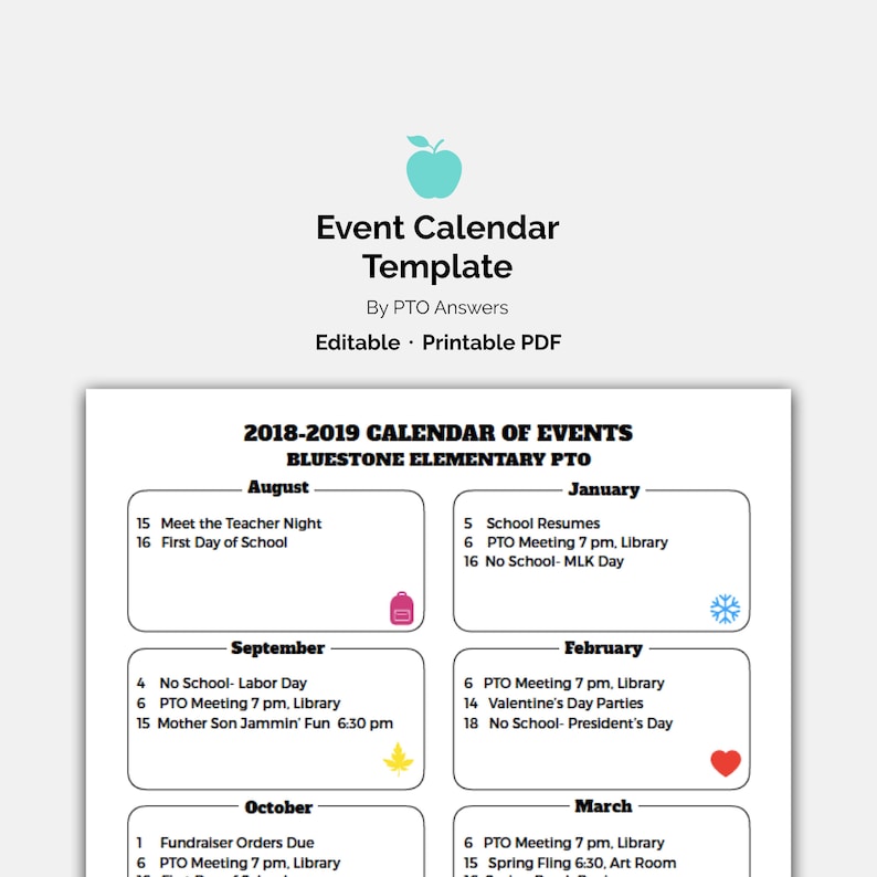 School Calendar of Events Handout and Flyer Template Printable Back to School Newsletter Update Editable file for PTA PTO