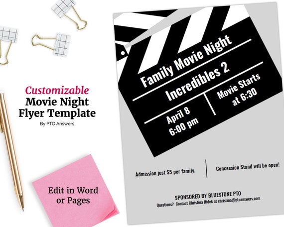 Film Nacht Flyer Wortvorlage Und Seiten Vorlage Fur Pta Pto Etsy