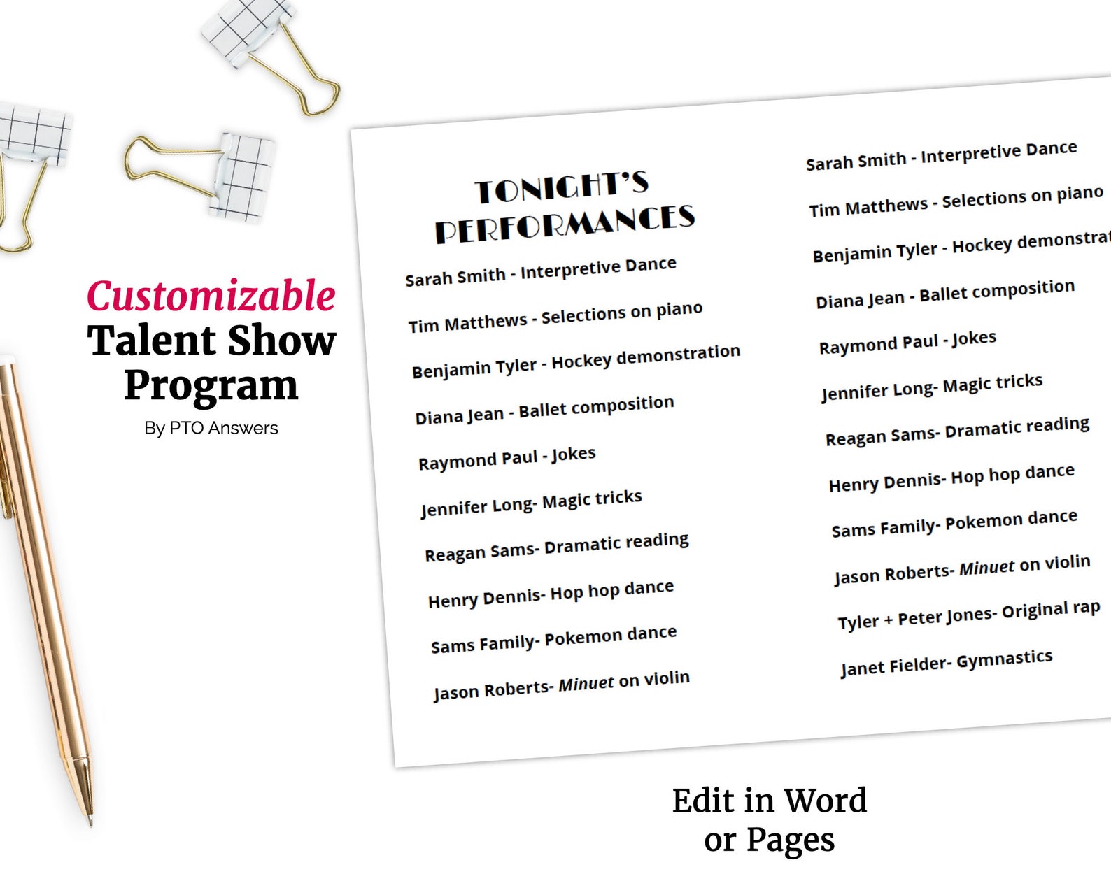 Talent Show Program and Schedule of Events Word and Pages Editable ...