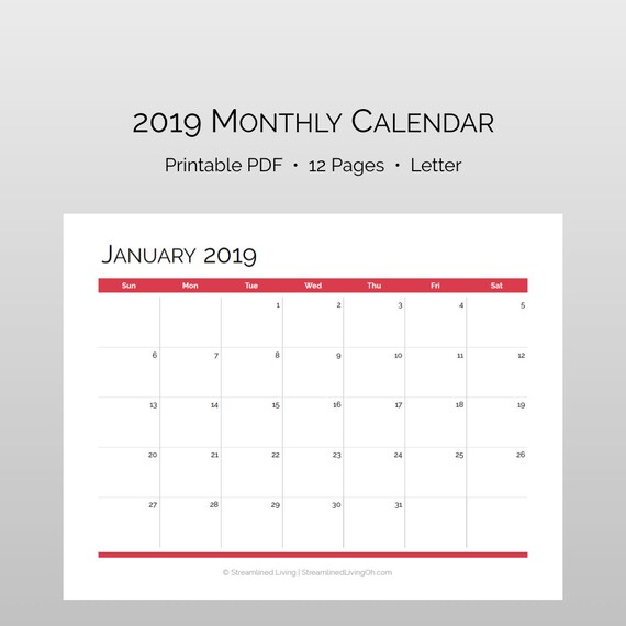 2019 Monthly Printable Calendar Landscape Calendar DIY Etsy