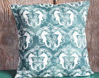 Pillow Cover 16x16 - Teal Seahorse Pillow Case - Nautical Pillow Cover - Turquoise Ocean Print - Nautical Home Decor