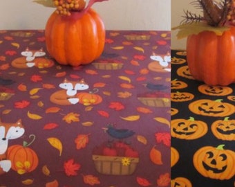 Reversible Fox and Pumpkin Runner, Halloween Table Runner, Coffee Table Runner, Fox Table Linens,  Pumpkin Table Linens, Fall Table Linens