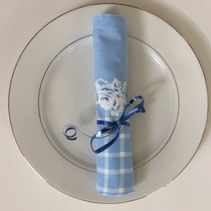 Set of 5 Blue Gingham and Floral Double-sided Cloth Napkins image 1