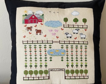 16 x 16 Down on the Farm Cross Stitched Pillow Cover