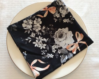 Black, White & Coral Floral Napkins Set of 2 - Floral Table Linens - Print Reversible Cloth Napkins - Floral Cloth Napkins