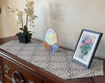 Blue Mosaic Tile Patterned Runner - 43” Faded Blue Runner - Buffet Scarf