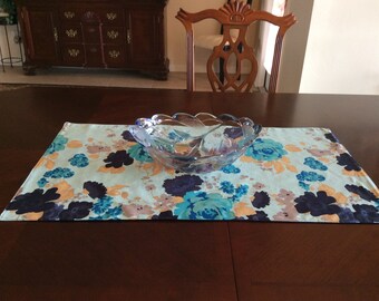 Short and Wide Aqua Blue Floral Table Runner