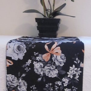 Black, Grey and Coral Runner Floral table runner Reversible table runner Long and narrow runner Black, Grey & Salmon runner image 1