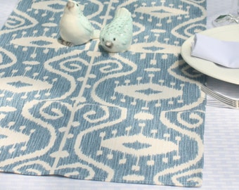 40”  Ikat Print Table Runner, Cream and Wedgewood Blue Coffee Table Runner, Washed Denim Home Decor, Ikat Fabric, Linens