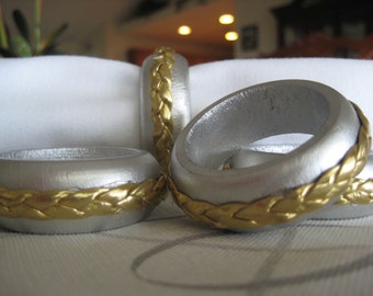 Silver Colored Napkin Rings With Gold Braid - Wooden Napkin Rings - Set of 4 Wood & Leather Napkin Rings