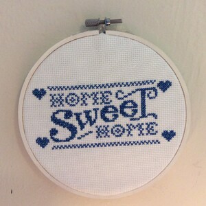 Home Sweet Home Blue & White Cross Stitch Sign with Hearts image 3