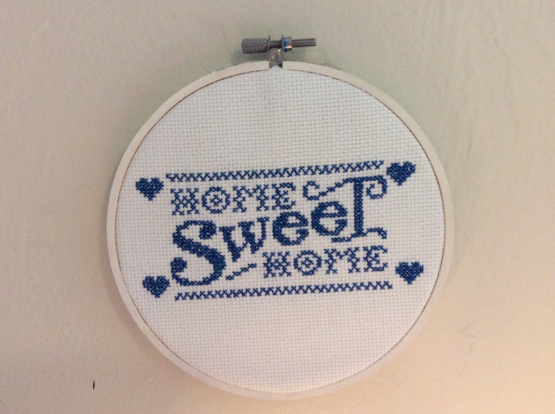 Home Sweet Home Blue & White Cross Stitch Sign with Hearts image 3