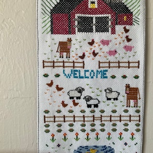 Cute Mini Cross Stitched Down on the Farm Wall Hanging 16 x 6-1/2 image 3