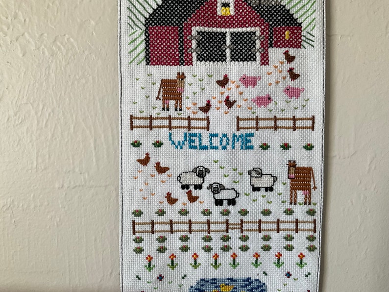 Cute Mini Cross Stitched Down on the Farm Wall Hanging 16 x 6-1/2 image 3