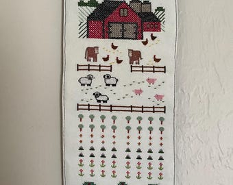 Cute Mini Cross Stitched Down on the Farm Wall Hanging 20 x 6-1/2 inches