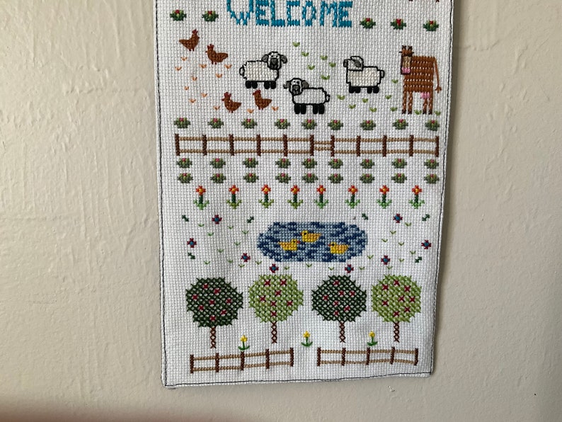 Cute Mini Cross Stitched Down on the Farm Wall Hanging 16 x 6-1/2 image 4
