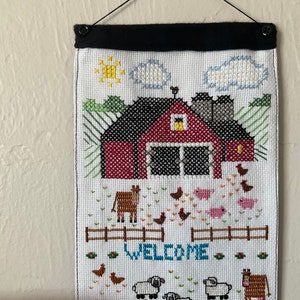 Cute Mini Cross Stitched Down on the Farm Wall Hanging 16 x 6-1/2 image 2