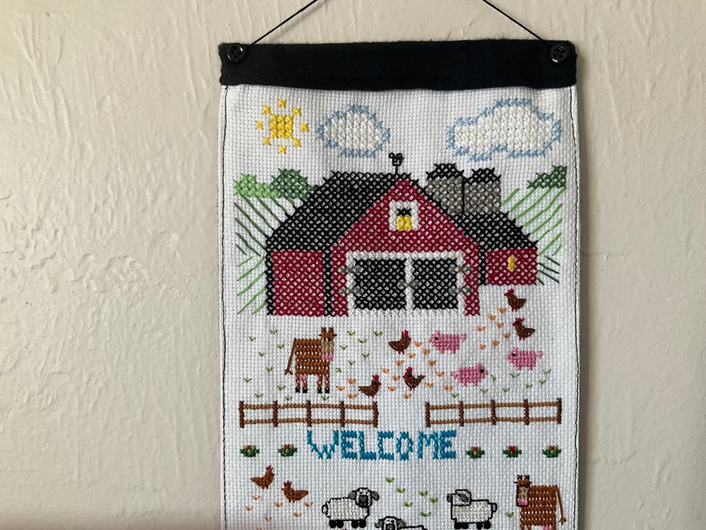 Cute Mini Cross Stitched Down on the Farm Wall Hanging 16 x 6-1/2 image 2