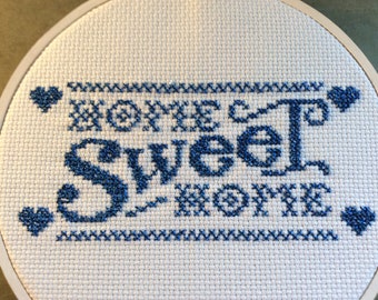 Home Sweet Home Blue & White Cross Stitch Sign with Hearts