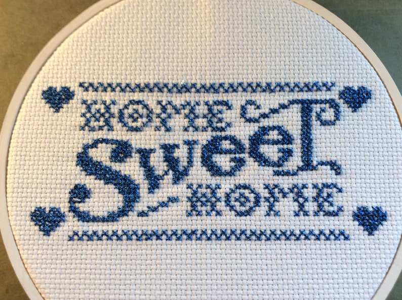 Home Sweet Home Blue & White Cross Stitch Sign with Hearts image 1