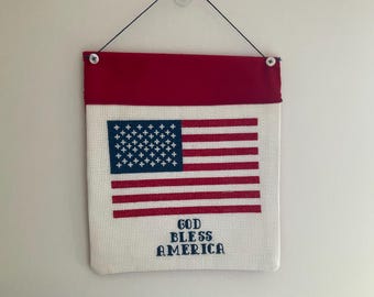 God Bless America with American Flag  Cross Stitch Sign