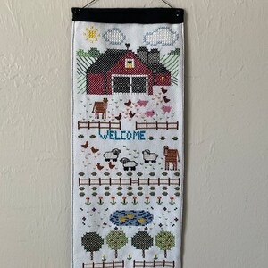 Cute Mini Cross Stitched Down on the Farm Wall Hanging 16 x 6-1/2 image 1