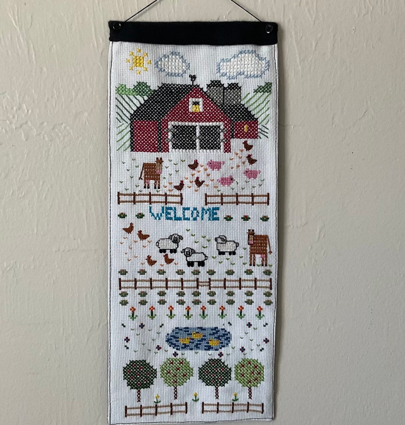 Cute Mini Cross Stitched Down on the Farm Wall Hanging 16 x 6-1/2 image 1