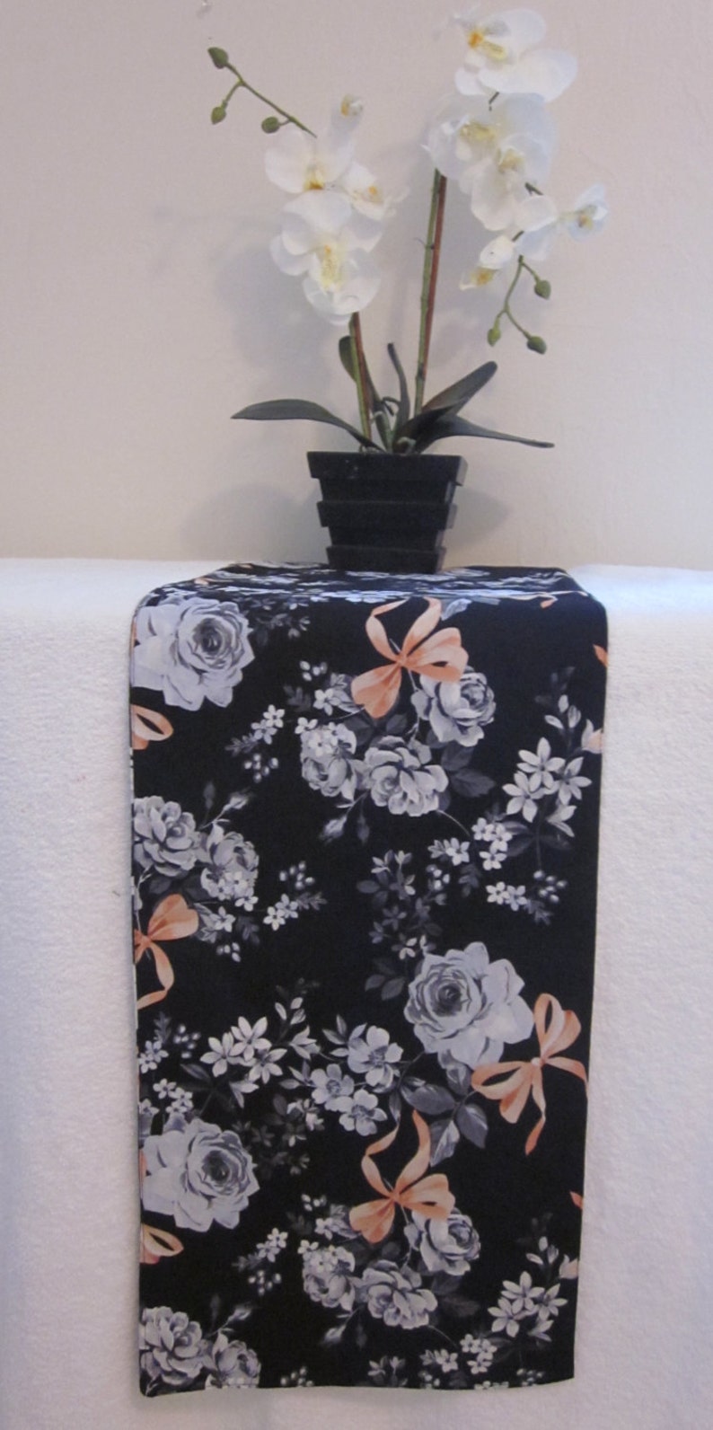 Black, Grey and Coral Runner Floral table runner Reversible table runner Long and narrow runner Black, Grey & Salmon runner image 1