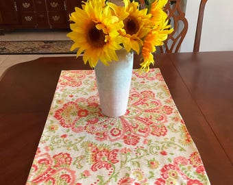Short and Wide Ikat Pink and Green Table Runner - Green and Coral Dresser Scarf