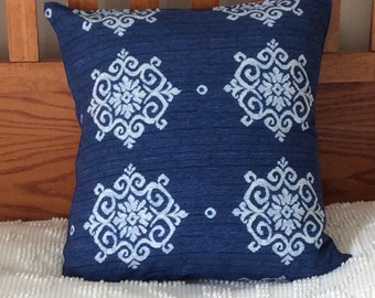16x16 Blue Denim Ikat Pillow Cover, Washed Denim Home Decor, Ikat Fabric, Ikat Pillow, Blue and White