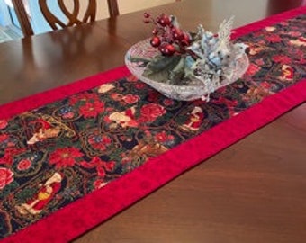 Long Christmas Table Runner with Santas, Reindeers and Flowers