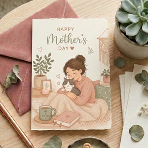 May include: A greeting card with the text "Happy Mother's Day" features an illustration of a woman cuddling a cat. A pink envelope, pen, and succulent plant are on a wooden table. A mug with the text "Me & My Cat" is also visible.