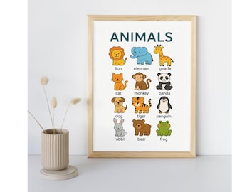 May include: A framed print featuring the word "ANIMALS" in teal above colorful illustrations of various animals, including a lion, elephant, giraffe, cat, monkey, panda, dog, tiger, penguin, rabbit, bear, and frog.