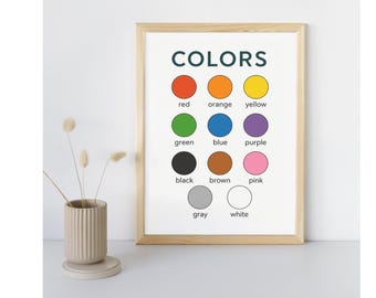 May include: A framed print displaying the word "COLORS" above a grid of colored circles. The circles are red, orange, yellow, green, blue, purple, black, brown, pink, gray, and white. A beige vase with dried flowers is in the foreground.