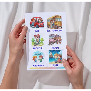 48 Cartes mémoire en anglais à imprimer – Vocabulaire de base pour enfants : Les transports et la Nature, apprentissage visuel,  Montessori