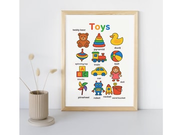May include: A framed print featuring colorful illustrations of various toys, including a teddy bear, duck, train, and car. The word "Toys" is written in large, multi-colored letters at the top. The print is in a light wooden frame.
