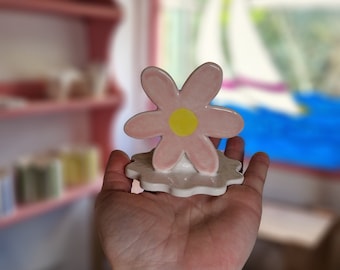 CUTE handbuilt SPRING FLOWER ceramic candlestick candle holder! Floral, unique mantel/table decor. Pink, yellow and white. Sweet gift!