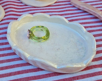 Adorable PEARLY white scalloped edge jewellery or ring dish/tea light holder/catchall dish. Bedside table storage. Handcrafted ceramic babe!