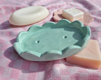 Sweet OVAL scallopy edged, ceramic soap holder dish! Handcrafted, glossy sage GREEN bathroom accessory homeware. Drainage holes. Cute!!