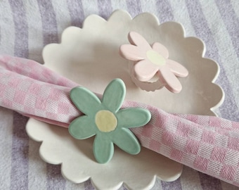 PAIR of sweet chunky flower napkin rings. Handmade ceramic green + pink flowers. Cute tablescaping, dinner parties, spring/summer meals